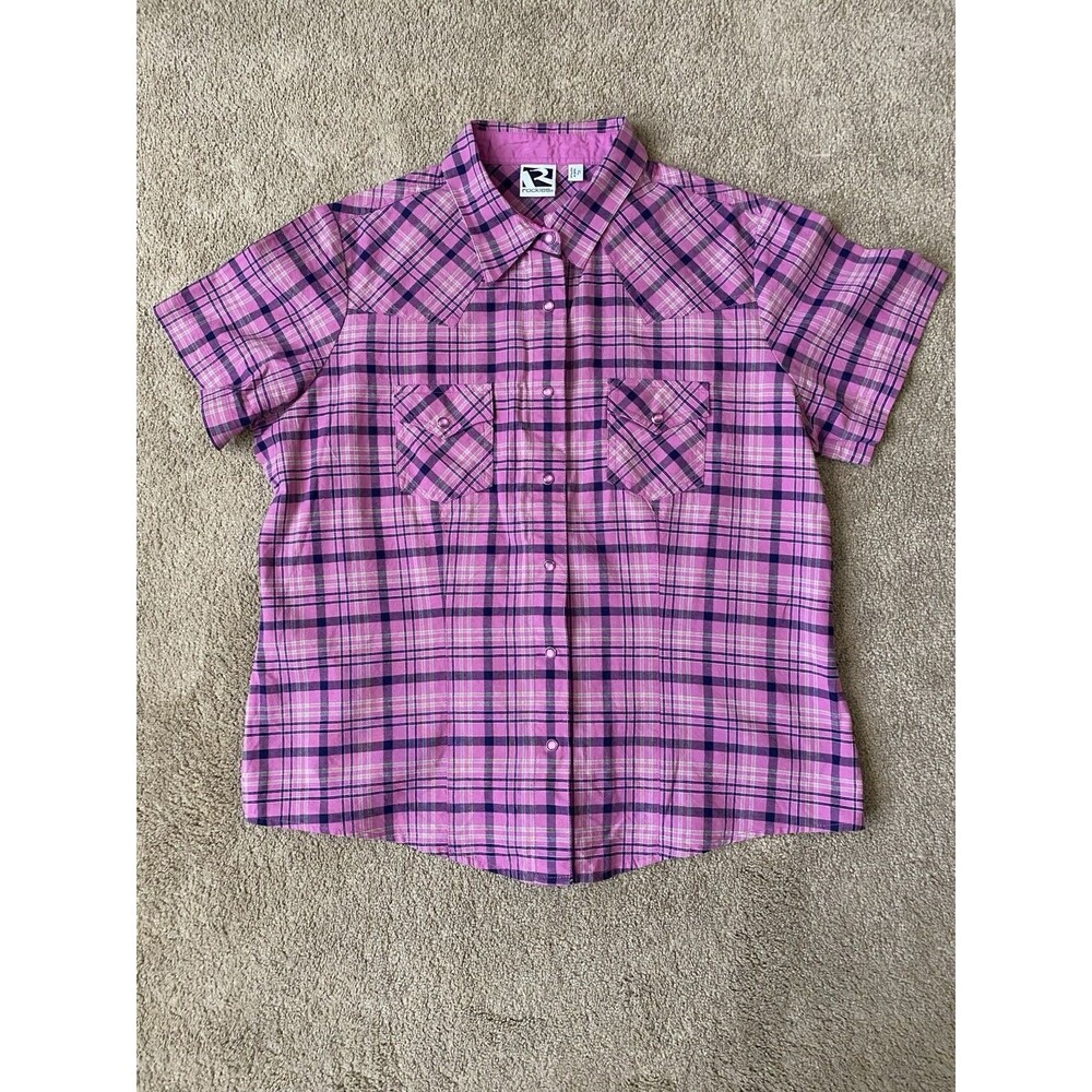 Rockies Vintage Short Sleeve Pink Plaid Country Western Pearl Snap Shirt Size XL